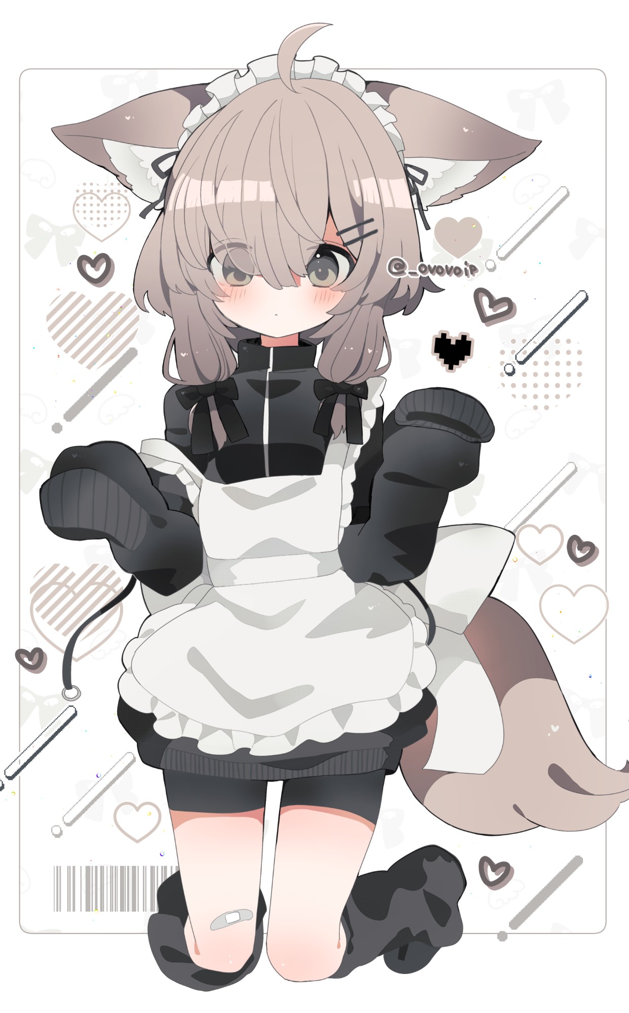 shirasuame shiromaru, mafuyu (vrchat), vrchat, animal request, commentary, highres, 1girl, abstract background, ahoge, animal ear fluff, animal ears, apron, arms up, bandaid, bandaid on knee, bandaid on leg, barcode, black jacket, black ribbon, black shoes, black shorts, blush, brown eyes, brown hair, closed mouth, crossed bangs, dot mouth, eyes visible through hair, hair ornament, hair ribbon, hairpin, heart, jacket, jersey maid, kneeling, knees together feet apart, long sleeves, maid, maid apron, maid headdress, multiple hairpins, paw shoes, ribbon, shoes, shooting star, shorts, sleeves past fingers, sleeves past wrists, solo, tail, twitter username, unconventional maid, white background