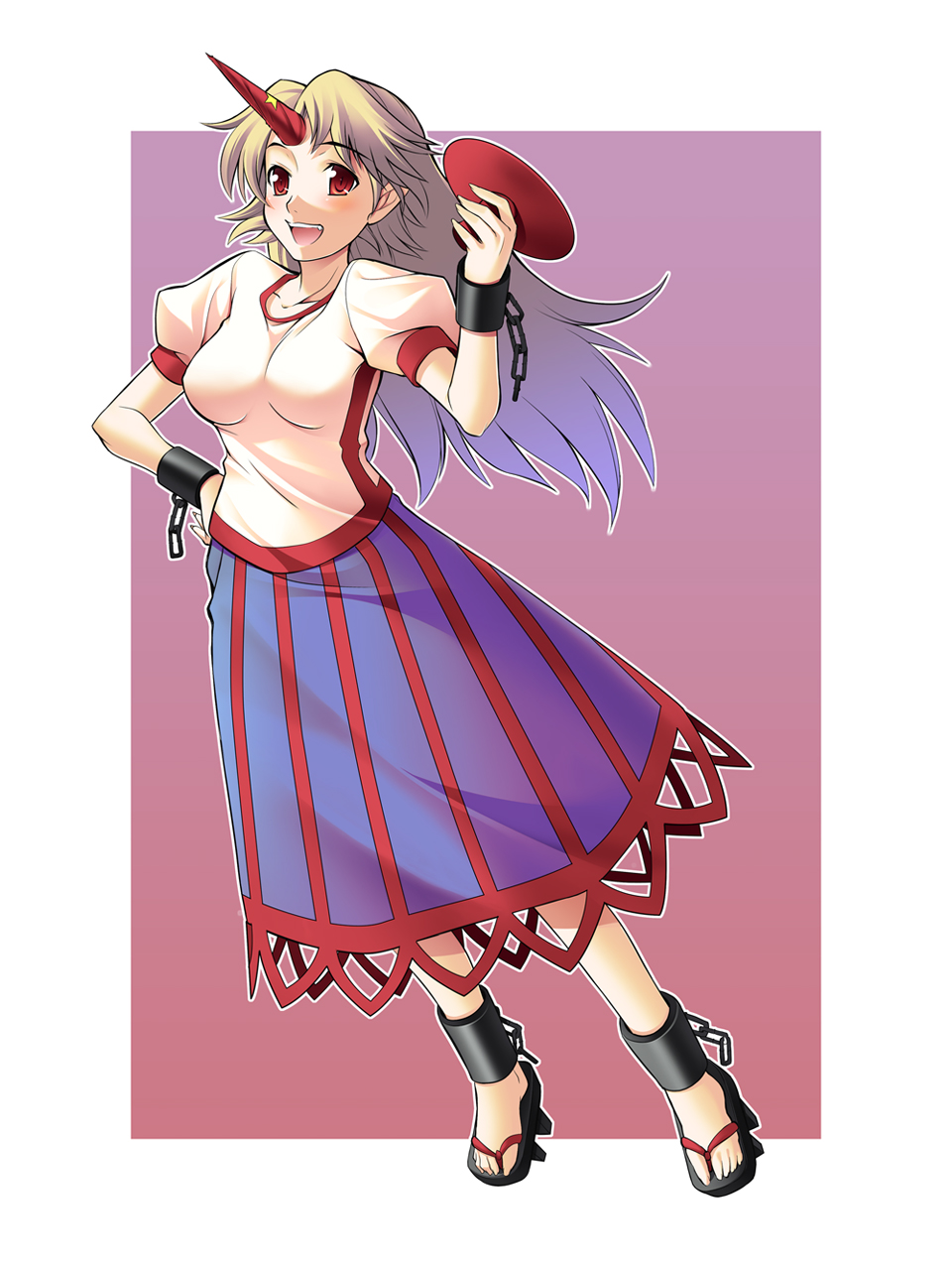 kuma ana, hoshiguma yuugi, touhou, bad id, bad pixiv id, highres, 1girl, blonde hair, breasts, cuffs, female focus, full body, geta, gradient background, horns, long hair, pointy ears, red eyes, sandals, shackles, solo