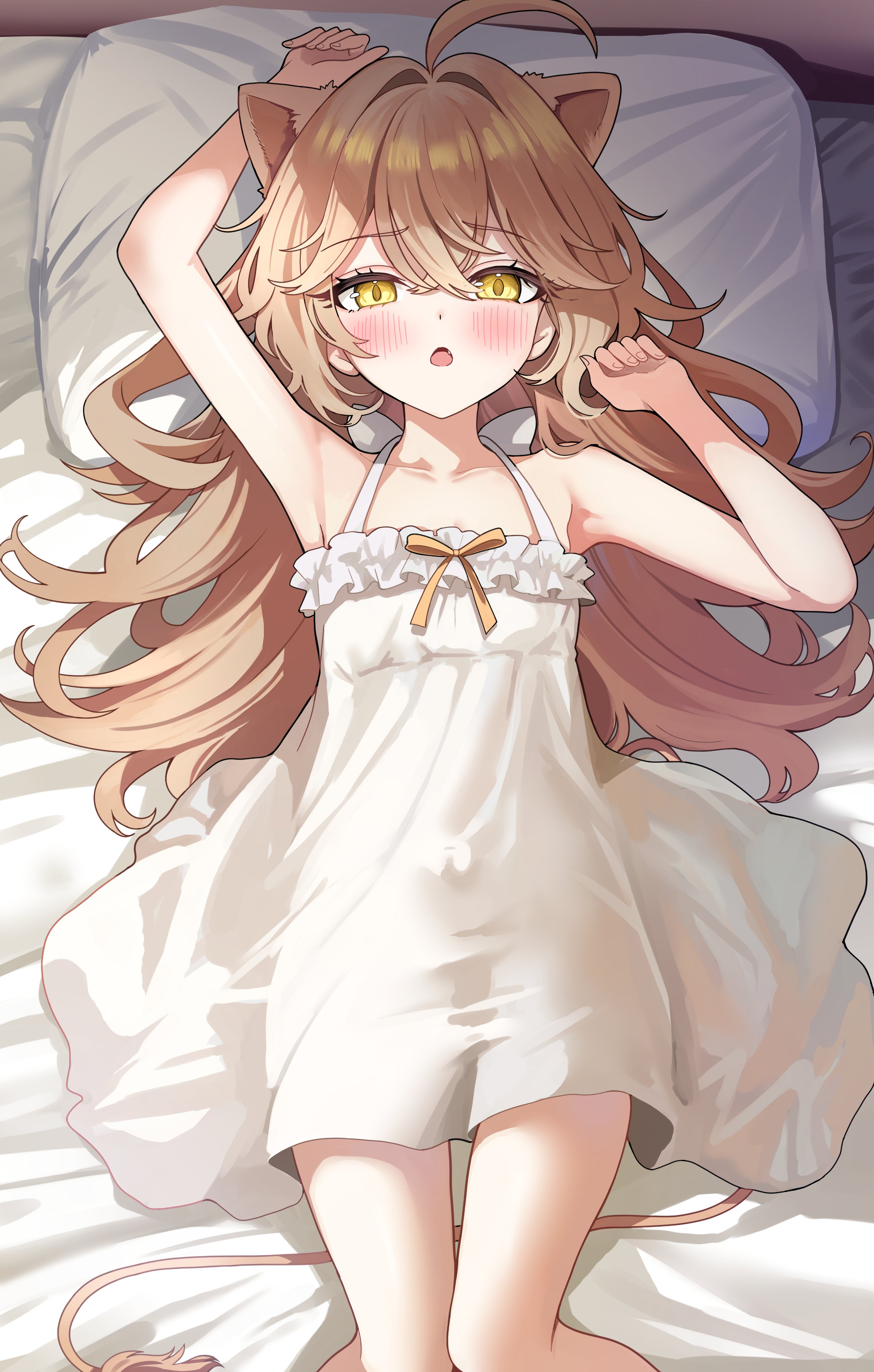 sak (lemondisk), rurudo lion, rurudo lion (1st costume), indie virtual youtuber, absurdres, highres, 1girl, ahoge, animal ears, arm behind head, arms up, blush, brown hair, collarbone, dress, fang, hair intakes, knees together feet apart, lion ears, lion girl, lion tail, long hair, looking at viewer, lying, on back, on bed, open mouth, pillow, solo, sundress, tail, virtual youtuber, white dress, yellow eyes