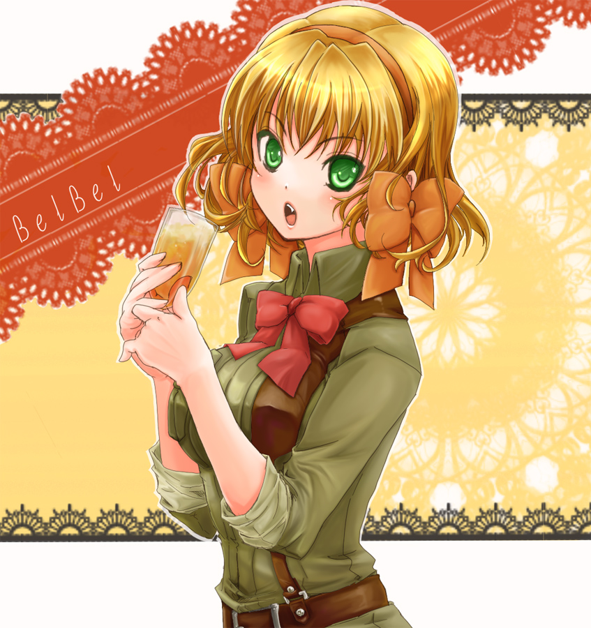 pokopoko pon, belgium (hetalia), axis powers hetalia, 00s, alcohol, belt, blonde hair, blush, champagne, drink, fang, green eyes, hair ribbon, lipstick, makeup, military, military uniform, ribbon, short hair, sleeves rolled up, solo