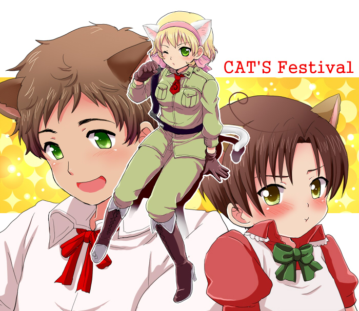 romion, belgium (hetalia), southern italy (hetalia), spain (hetalia), axis powers hetalia, bad id, bad pixiv id, 00s, 1girl, 2boys, animal ears, blonde hair, blush, boots, brown eyes, brown hair, cat ears, cat tail, gloves, green eyes, hair ribbon, military, military uniform, multiple boys, one eye closed, pout, ribbon, short hair, smile, tail, wink