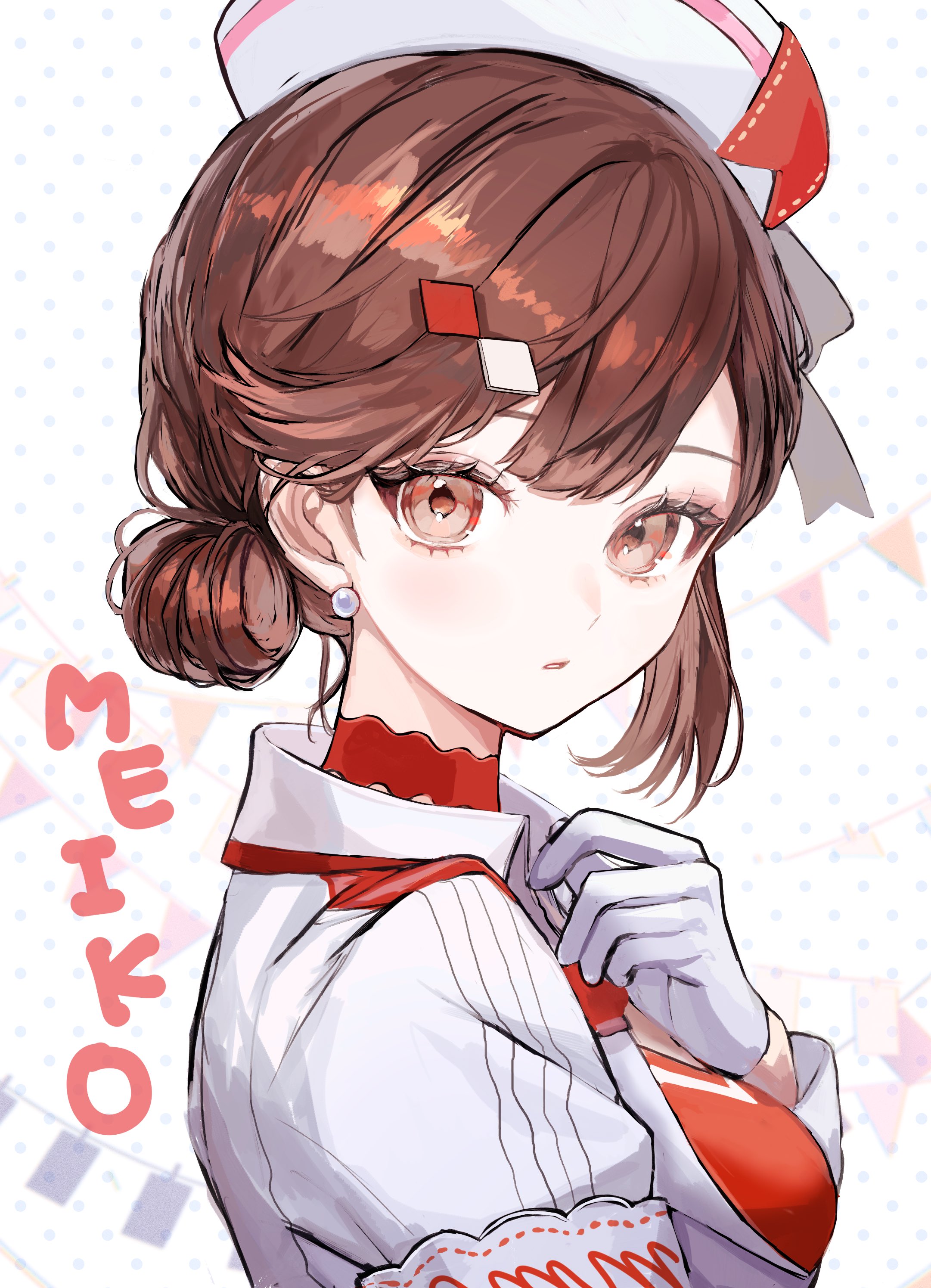 pipi (pipinavigation), meiko (vocaloid), vocaloid, absurdres, highres, 1girl, breasts, brown eyes, brown hair, earrings, gloves, hair ornament, jewelry, looking at viewer, medium breasts, medium hair, parted lips, pearl earrings, polka dot, polka dot background, shirt, solo, swept bangs, white gloves, white hair, white shirt