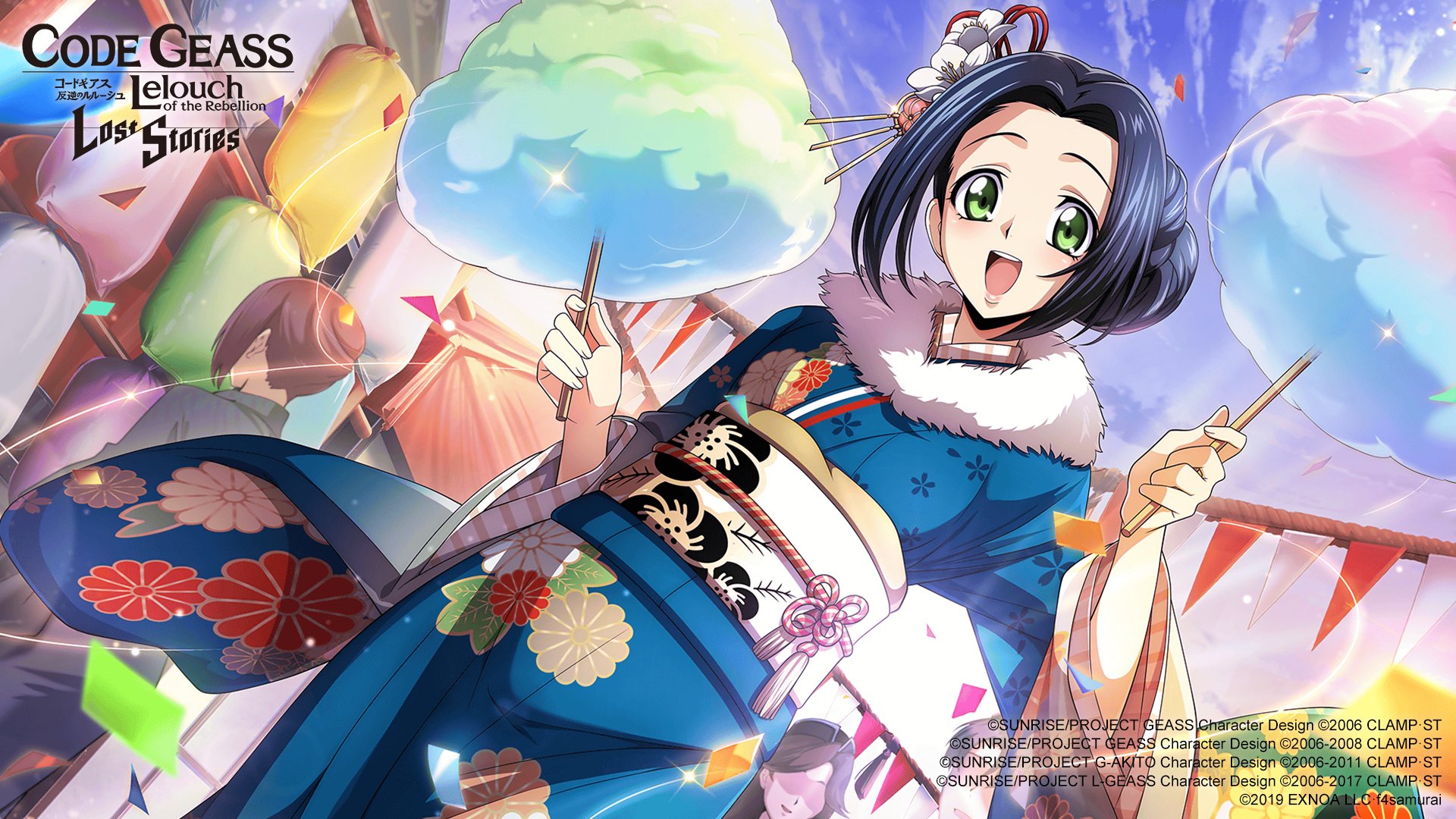 f4samurai, sumeragi kaguya, code geass, code geass: lost stories, commentary, commentary request, english commentary, game cg, highres, official art, 1girl, black hair, blue kimono, blue sky, blurry, blush, bokeh, confetti, cotton candy, cowboy shot, day, depth of field, dutch angle, festival, flat chest, floral print, flower, food, fur-trimmed kimono, fur collar, fur trim, green eyes, hair bun, hair flower, hair intakes, hair ornament, hands up, happy, holding, holding cotton candy, holding food, japanese clothes, kimono, light blush, long sleeves, looking at viewer, obi, open mouth, outdoors, people, rainbow gradient, sash, short hair, sidelocks, sky, smile, solo focus, standing, string of flags, teeth, white flower, wide sleeves