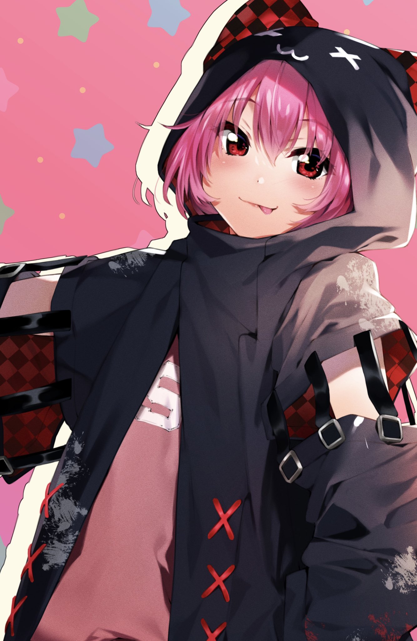 nakano maru, character request, commission, highres, skeb commission, 1girl, animal hood, cat hood, hood, looking at viewer, pink background, pink eyes, pink hair, short hair, smile, solo, star (symbol), star symbol background
