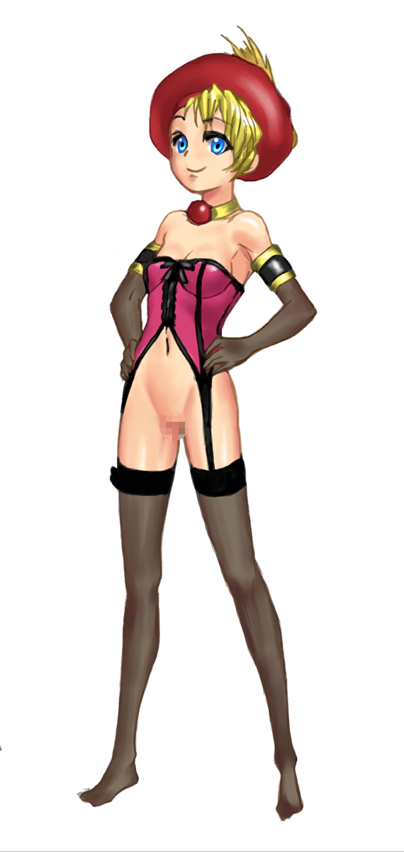 relm arrowny, final fantasy, final fantasy vi, highres, 1990s (style), armlet, bare shoulders, blonde hair, blue eyes, bottomless, breasts, bustier, censored, choker, cleavage, elbow gloves, garter belt, gloves, hat, jewelry, lingerie, loli, retro artstyle, smile, thighhighs, underwear