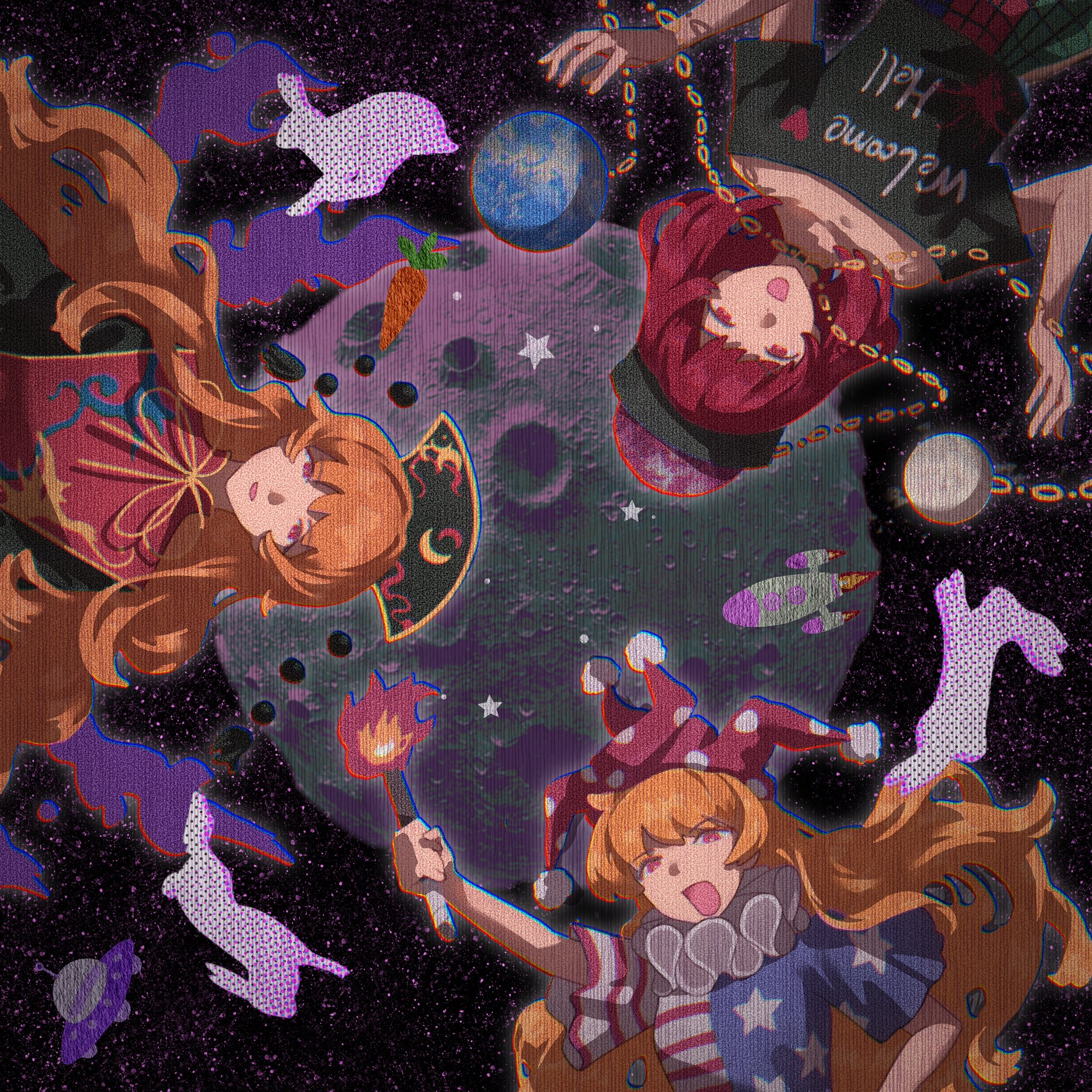 tansuyuli, clownpiece, hecatia lapislazuli, junko (touhou), legacy of lunatic kingdom, touhou, commentary, highres, symbol-only commentary, textless version, variant set, 3girls, american flag, american flag print, animal, arm up, bare arms, black dress, black hat, black shirt, blue jumpsuit, chain, clothes writing, collarbone, copyright name, crescent print, dalachi (headdress), dot nose, dress, earth (ornament), eyelashes, fire, flag print, floating hair, floral print, gold chain, hand on own hip, happy, hat, heart, heart print, holding, holding torch, jester cap, jumpsuit, long hair, looking at viewer, medium hair, moon, moon (ornament), multicolored jumpsuit, multiple girls, neck ribbon, neck ruff, off-shoulder shirt, off shoulder, open mouth, orange hair, pink eyes, pleated sleeves, polka dot headwear, pom pom (clothes), print headwear, print jumpsuit, print shirt, print tabard, purple hat, purple wings, rabbit, red eyes, red hair, red jumpsuit, red tabard, ribbon, rocket, shirt, short sleeves, smile, space, split-color clothes, star (symbol), star print, striped jumpsuit, t-shirt, tabard, torch, underworld (ornament), upper body, upside-down, very long hair, wavy hair, white jumpsuit, wings, yellow ribbon