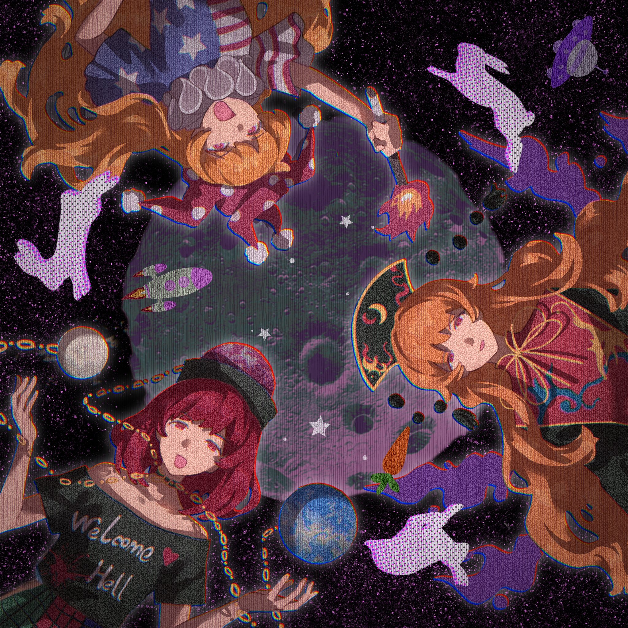 tansuyuli, clownpiece, hecatia lapislazuli, junko (touhou), legacy of lunatic kingdom, touhou, commentary, highres, symbol-only commentary, textless version, variant set, 3girls, american flag, american flag print, animal, arm up, bare arms, black dress, black hat, black shirt, blue jumpsuit, chain, clothes writing, collarbone, copyright name, crescent print, dalachi (headdress), dot nose, dress, earth (ornament), eyelashes, fire, flag print, floating hair, floral print, gold chain, hand on own hip, happy, hat, heart, heart print, holding, holding torch, jester cap, jumpsuit, long hair, looking at viewer, medium hair, moon, moon (ornament), multicolored jumpsuit, multiple girls, neck ribbon, neck ruff, off-shoulder shirt, off shoulder, open mouth, orange hair, pink eyes, pleated sleeves, polka dot headwear, pom pom (clothes), print headwear, print jumpsuit, print shirt, print tabard, purple hat, purple wings, rabbit, red eyes, red hair, red jumpsuit, red tabard, ribbon, rocket, shirt, short sleeves, smile, space, split-color clothes, star (symbol), star print, striped jumpsuit, t-shirt, tabard, torch, underworld (ornament), upper body, upside-down, very long hair, wavy hair, white jumpsuit, wings, yellow ribbon