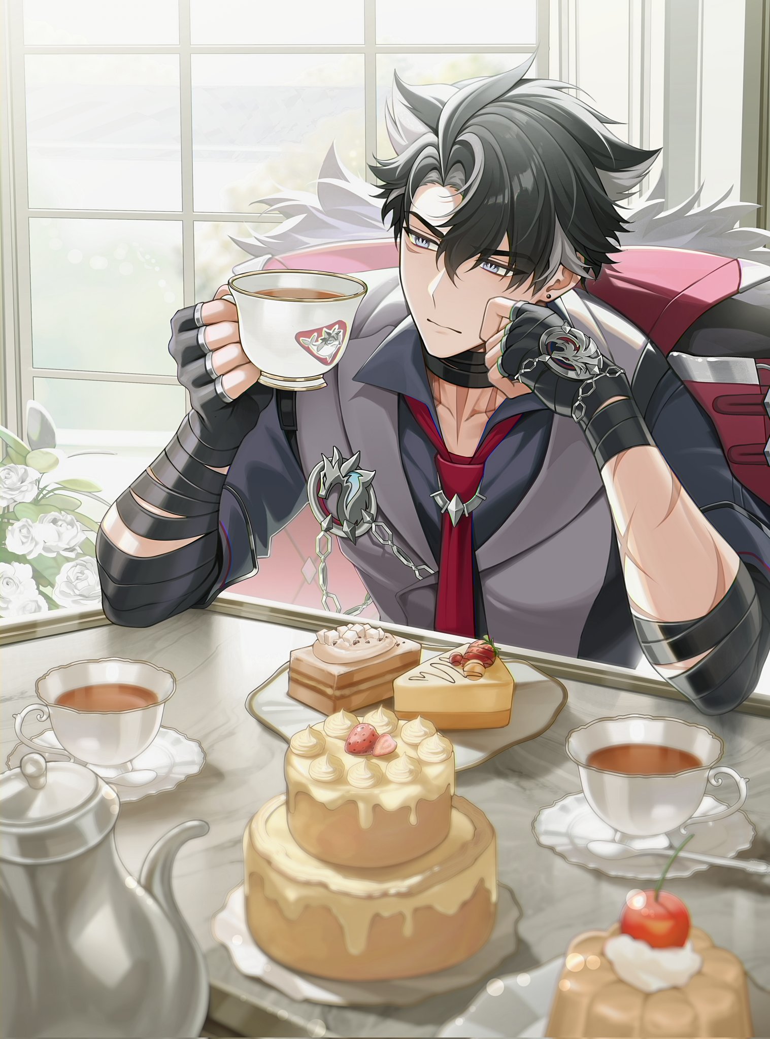 solcha, wriothesley (genshin impact), genshin impact, highres, 1boy, bandaged arm, bandages, black bandages, black gloves, black hair, cake, closed mouth, coffee, cup, earrings, fingerless gloves, food, fur trim, gloves, grey eyes, grey hair, grey vest, hair between eyes, holding, holding cup, jewelry, male focus, multicolored hair, necktie, red necktie, shirt, short hair, solo, streaked hair, tea, teapot, vest