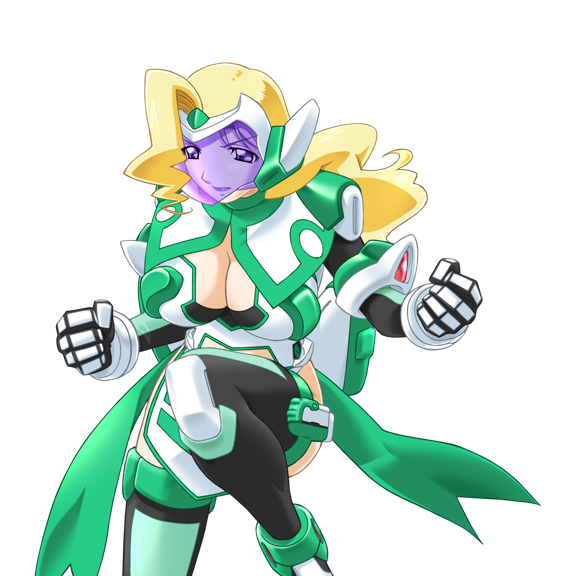 gan-chan (artist), sophie andrea yukitou, hitozuma sentai aisaiger, game cg, large variant set, non-web source, official art, variant set, 1girl, armor, blonde hair, breasts, cleavage, clenched hands, face shield, large breasts, lipstick, long hair, magical girl, makeup, mecha musume, purple eyes, saiger lily, solo, thighhighs, transparent background