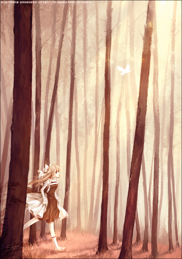 sinsora, original, bad id, bad pixiv id, 1girl, ahoge, bird, blonde hair, detached sleeves, dress, female focus, forest, long hair, nature, red eyes, skirt hold, solo, walking