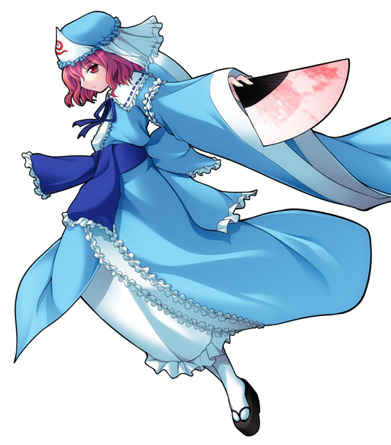 kuma ana, saigyouji yuyuko, touhou, bad id, bad pixiv id, 1girl, clog sandals, female focus, hand fan, hat, holding, holding fan, mob cap, okobo, pink hair, platform sandals, red eyes, sandals, short hair, simple background, solo, white background