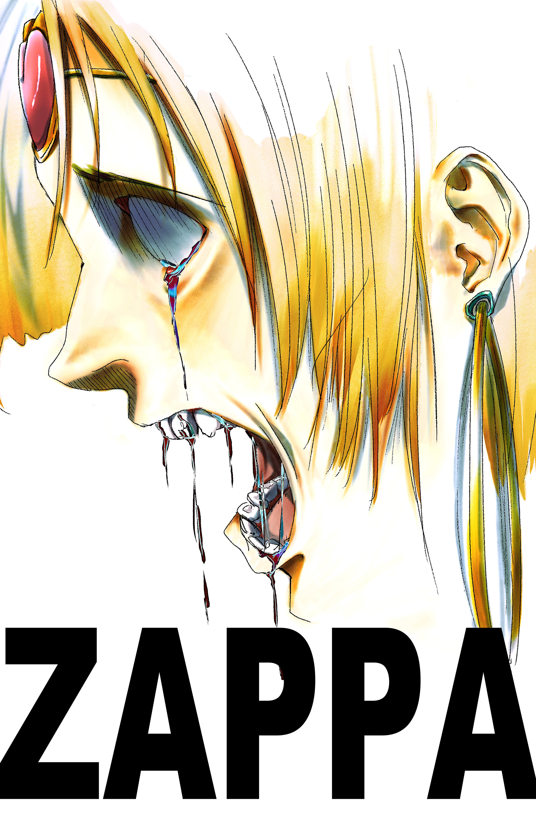 storyteller777, zappa, guilty gear, absurdres, commentary, highres, 1boy, blank eyes, blood, blood from mouth, bloody tears, character name, circlet, close-up, earrings, from side, gold circlet, heart, hoop earrings, jewelry, male focus, open mouth, raised inner eyebrows, shaded eye, short hair, simple background, solo, teeth, white background