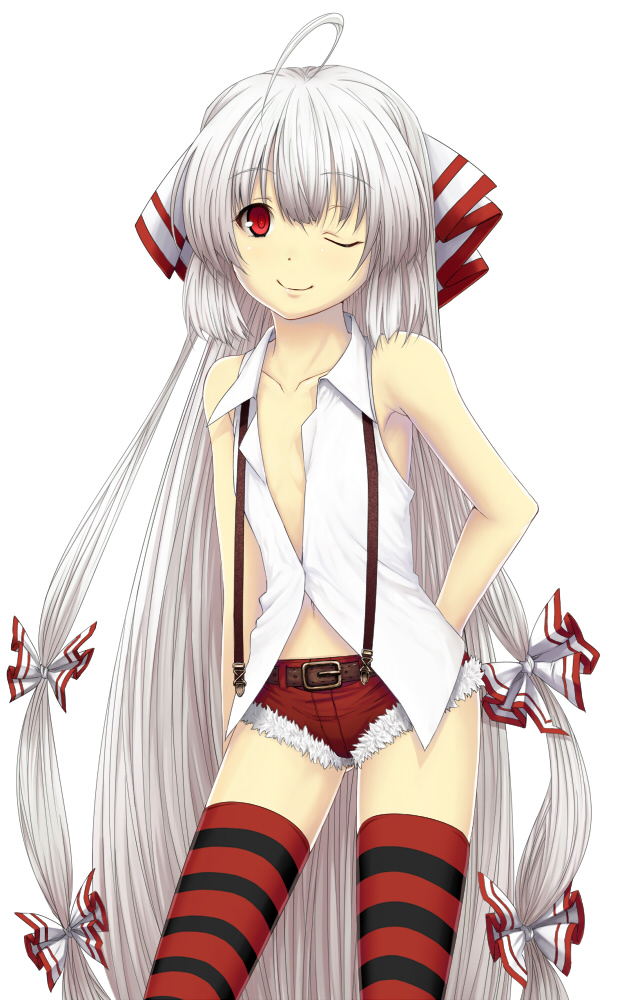 hiroya juuren, fujiwara no mokou, touhou, silver hair, 1girl, aged down, ahoge, bare shoulders, child, female focus, flat chest, hair ribbon, long hair, no bra, one eye closed, red eyes, ribbon, simple background, smile, solo, striped clothes, striped thighhighs, thighhighs, very long hair, wink