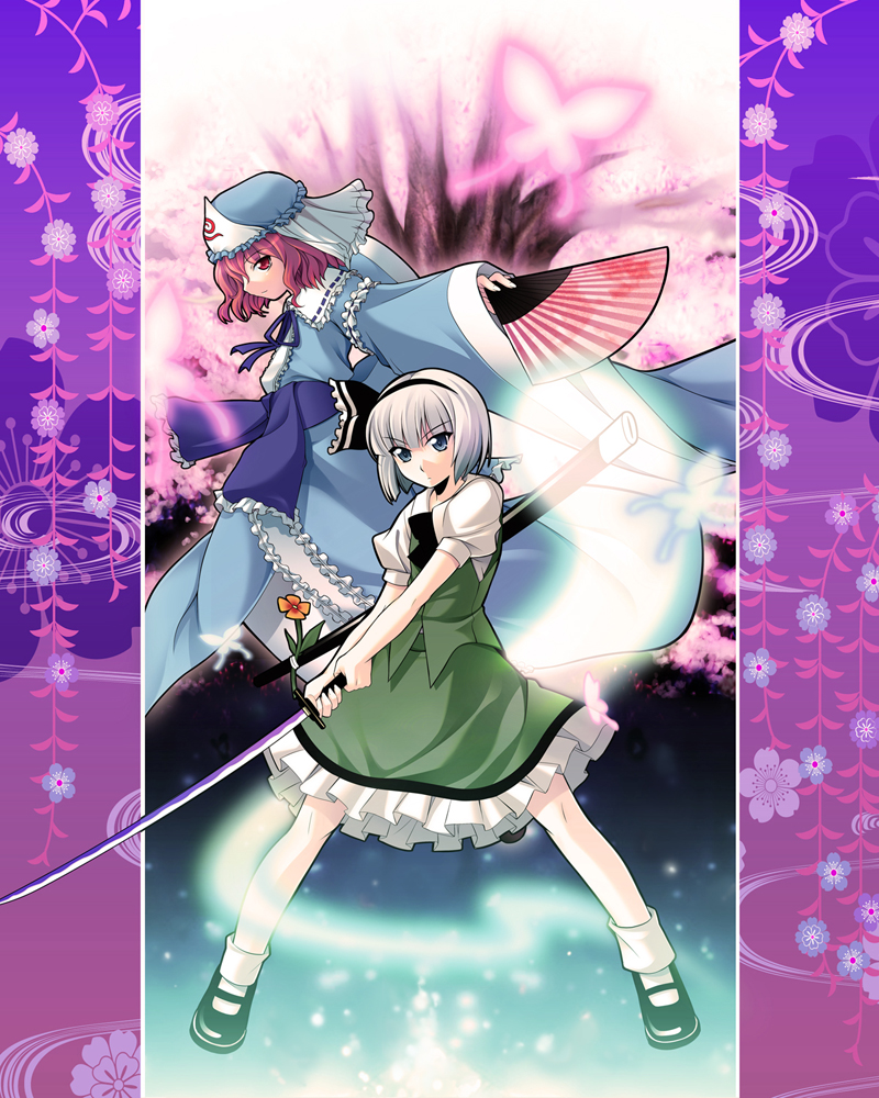 kuma ana, konpaku youmu, konpaku youmu (ghost), saigyouji yuyuko, touhou, silver hair, bad id, bad pixiv id, 2girls, blue eyes, bug, butterfly, female focus, ghost, hairband, hand fan, hat, katana, multiple girls, pink hair, red eyes, short hair, skirt, sword, weapon