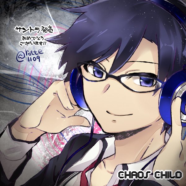 rotte (1109), miyashiro takuru, chaos;child, science adventure, non-web source, 1boy, artist name, black jacket, blue eyes, blue hair, collarbone, collared shirt, copyright name, glasses, happy birthday, headphones, jacket, looking at viewer, loose necktie, male focus, narrowed eyes, necktie, open collar, shirt, short hair, signature, smile, solo, upper body