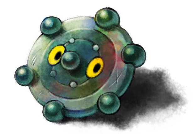 kaosu (kaosu0905), bronzor, nintendo, pokemon, commentary request, full body, gen 4 pokemon, no humans, pokemon (creature), pokemon focus, scratches, shadow, simple background, solo, white background, yellow eyes