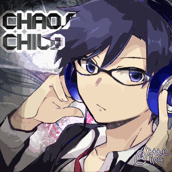 rotte (1109), miyashiro takuru, chaos;child, science adventure, non-web source, 1boy, artist name, black jacket, blue eyes, blue hair, collarbone, collared shirt, copyright name, expressionless, glasses, headphones, jacket, looking at viewer, loose necktie, male focus, necktie, open collar, shirt, short hair, signature, solo, upper body