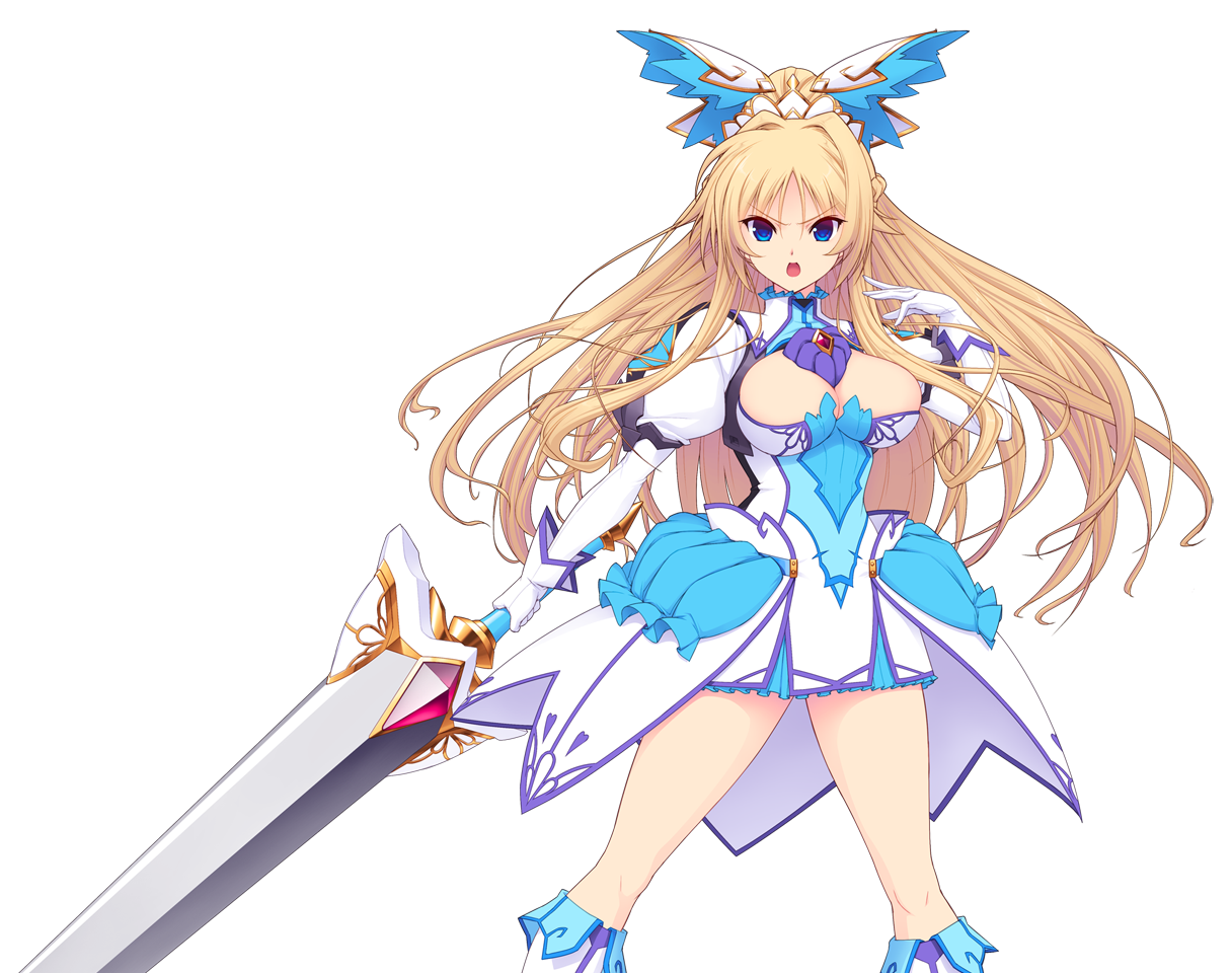saitou natsuki, suhamaya, erika la etienne, kourin tenshi en ciel rena, game cg, large variant set, non-web source, official art, variant set, 1girl, :o, blonde hair, blue eyes, boots, breasts, cleavage, cleavage cutout, clothing cutout, dress, gloves, hair ornament, holding, holding weapon, large breasts, long hair, looking at viewer, magical girl, open mouth, puffy sleeves, skirt, solo, sword, transparent background, weapon, white gloves
