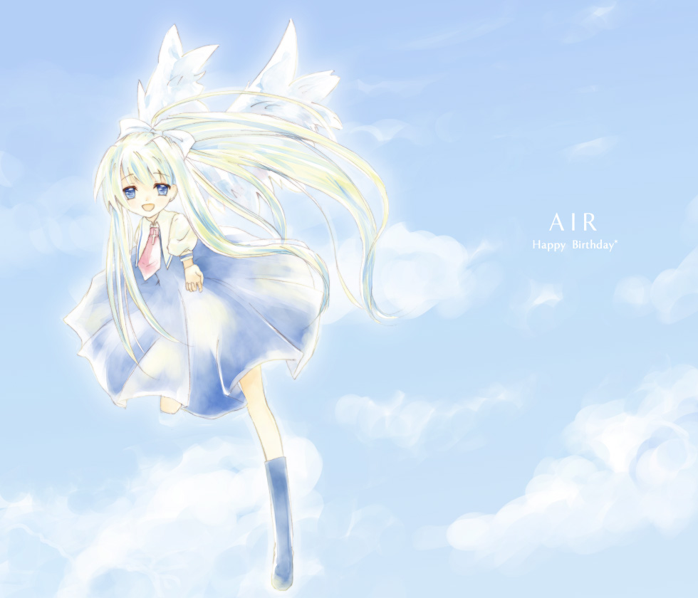 kamio misuzu, air (visual novel), key (company), 00s, birthday, blonde hair, blue eyes, day, dress, hair ribbon, long hair, ponytail, ribbon, school uniform, sky, solo, wings