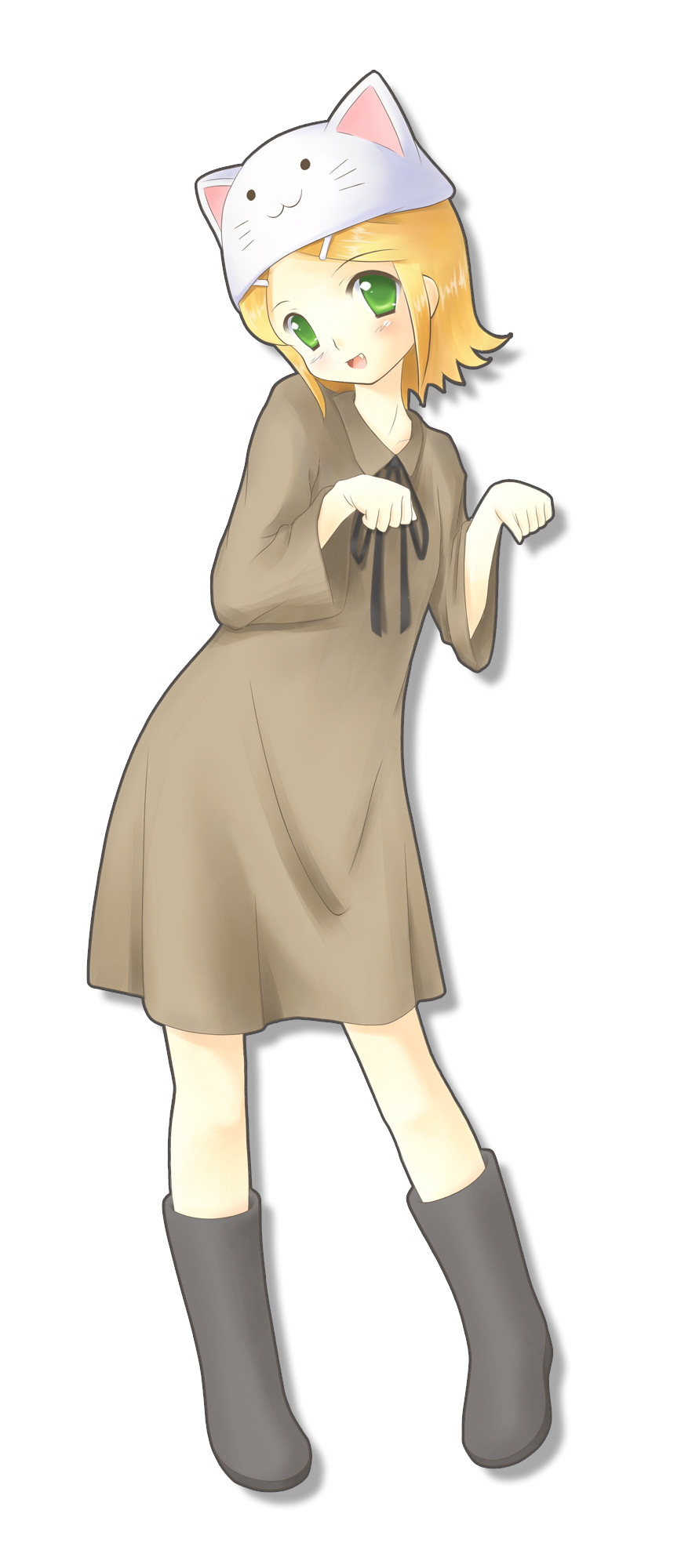 pitchy, kagamine rin, toeto (vocaloid), vocaloid, highres, long image, tall image, :3, animal hat, boots, fang, hat, paw pose, solo