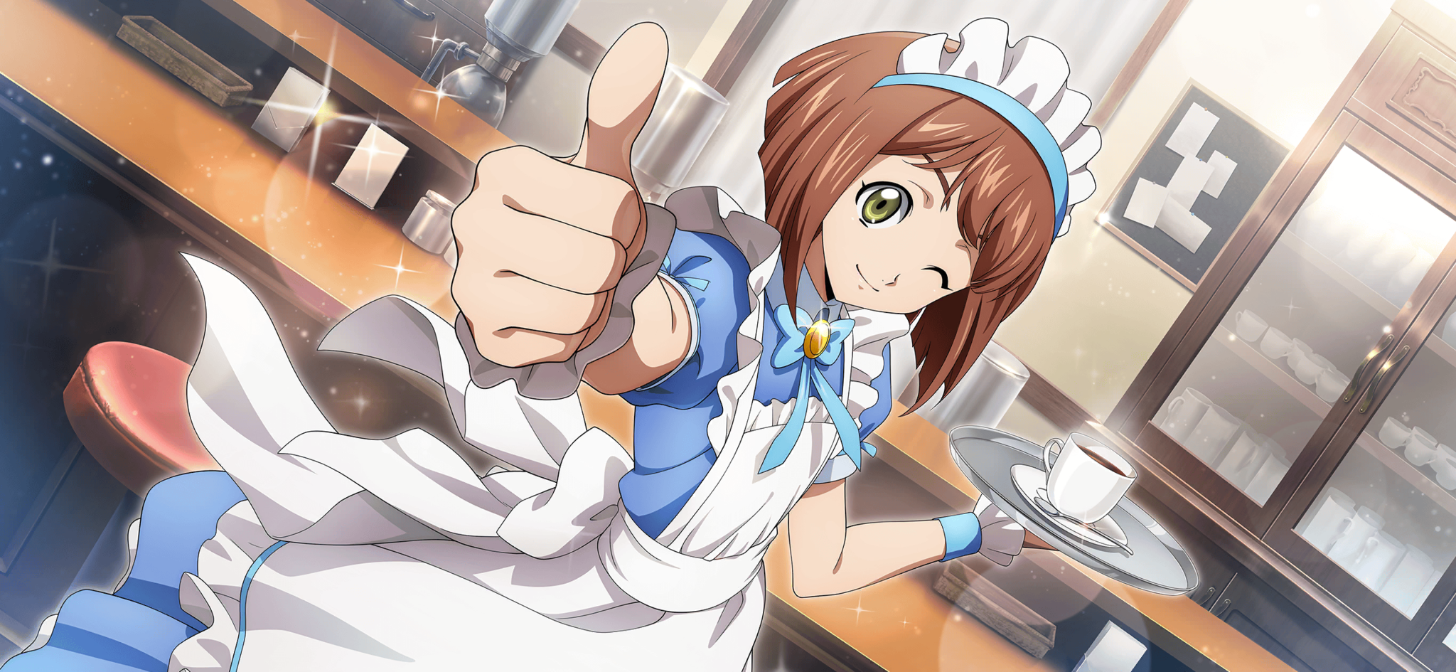 f4samurai, code geass, code geass: dakkan no roze, code geass: lost stories, commentary request, game cg, highres, official art, alternate costume, apron, blue dress, blue ribbon, brown hair, cafe, closed mouth, coffee, cup, dress, enmaided, green eyes, maid, maid apron, maid headdress, mei ema, one eye closed, ribbon, short hair, smile, white apron