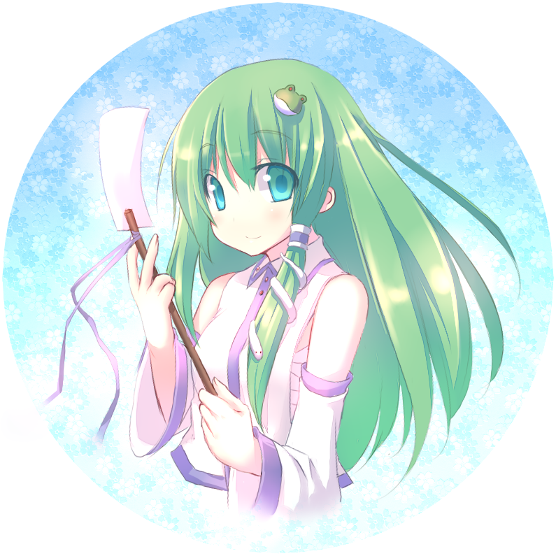 hiraga matsuri, hirasato, kochiya sanae, touhou, 1girl, aqua eyes, detached sleeves, female focus, frog, gohei, green hair, hair ornament, long hair, oonusa, sarashi, snake, solo