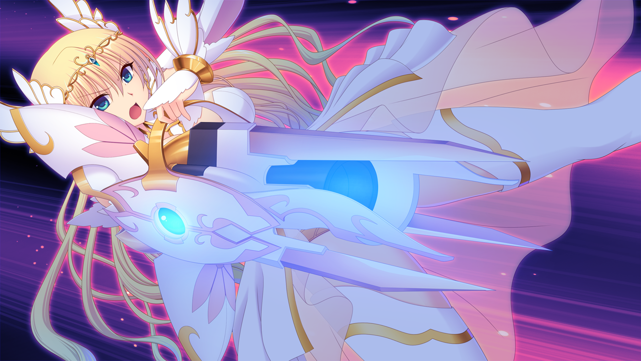 saitou natsuki, suhamaya, en ciel rena, en ciel rena (laelith), tomoe rena, kourin tenshi en ciel rena, game cg, large variant set, non-web source, official art, variant set, 1girl, aiming, aiming at viewer, armor, blonde hair, blue eyes, breasts, bridal gauntlets, dress, dutch angle, energy cannon, floating hair, gun, holding, holding cannon, holding weapon, jewelry, large breasts, long hair, looking at viewer, magical girl, open mouth, shield, solo, thighhighs, tiara, very long hair, weapon, white thighhighs