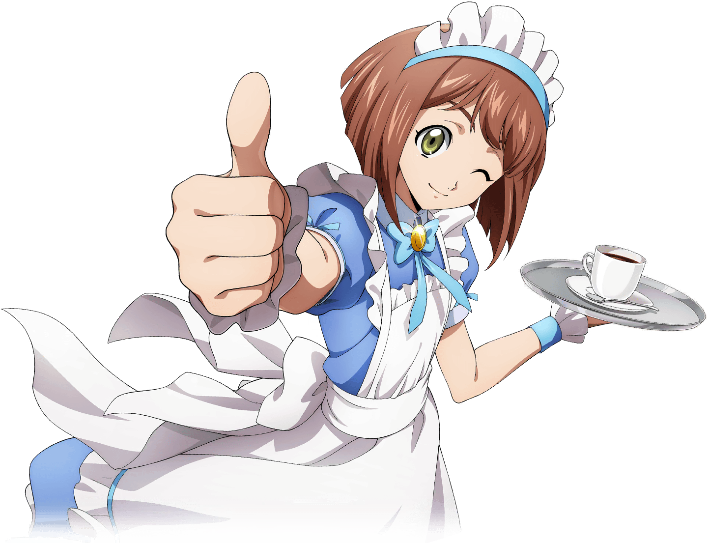 f4samurai, code geass, code geass: dakkan no roze, code geass: lost stories, game cg, official art, alternate costume, apron, blue dress, blue ribbon, brown hair, closed mouth, coffee, cup, dress, enmaided, green eyes, maid, maid apron, maid headdress, mei ema, one eye closed, ribbon, short hair, smile, white apron