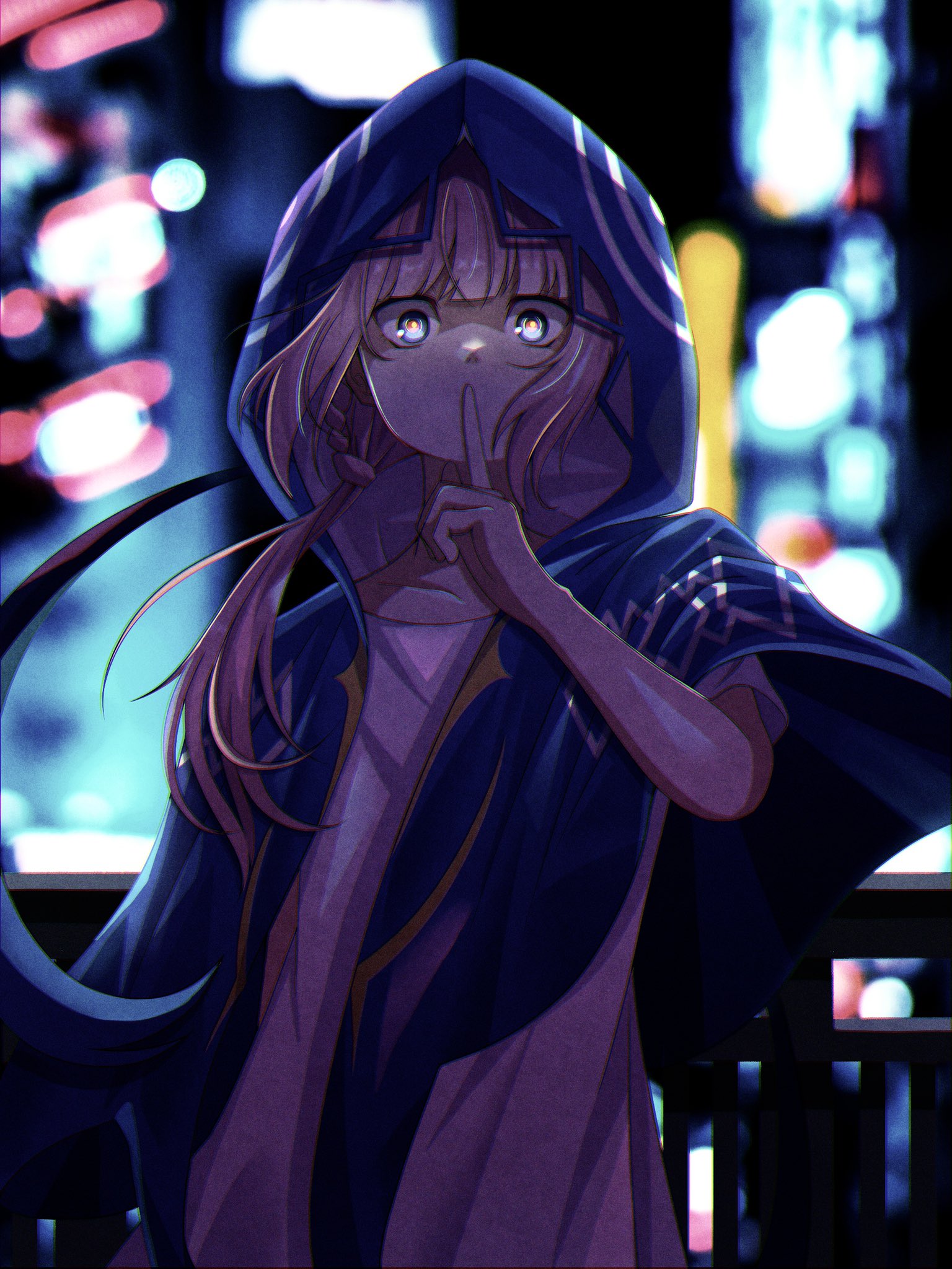 yasou0049, kaf (kamitsubaki studio), kamitsubaki studio, highres, blue capelet, blunt bangs, blurry, blurry background, capelet, city lights, collarbone, finger to mouth, hood, hooded capelet, looking at viewer, pink hair, railing, short sleeves, virtual youtuber