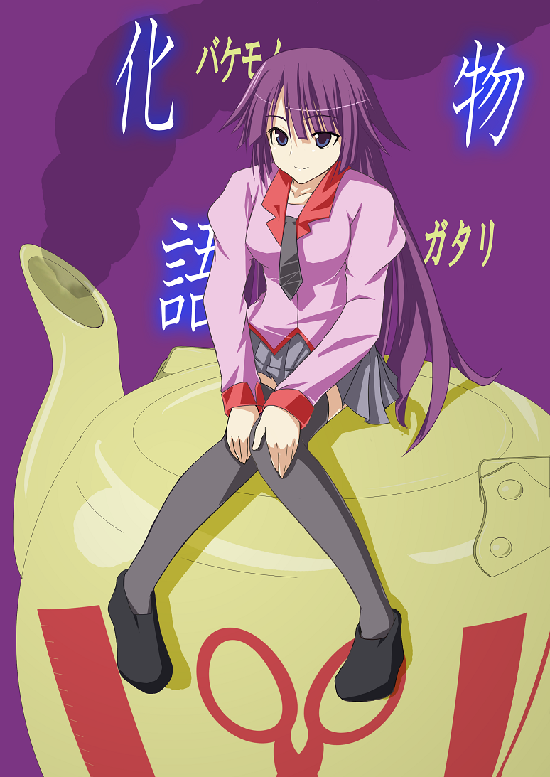 senjougahara hitagi, bakemonogatari, monogatari (series), bad id, bad pixiv id, 00s, 1girl, blue eyes, female focus, kettle, legs, long hair, purple hair, school uniform, shoes, sitting, skirt, smile, solo, teapot, thighhighs, zettai ryouiki