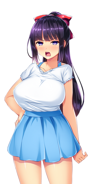satou kuuki, kisaragi nozomi, shinsou seiki elementia, game cg, large variant set, non-web source, official art, variant set, 1girl, angry, blue skirt, blush, bow, breasts, casual, collarbone, cowboy shot, hair bow, hand on own hip, high ponytail, huge breasts, long hair, looking at viewer, open mouth, pleated skirt, ponytail, purple eyes, purple hair, ribbon, shirt, short sleeves, skirt, solo, standing, transparent background, white shirt