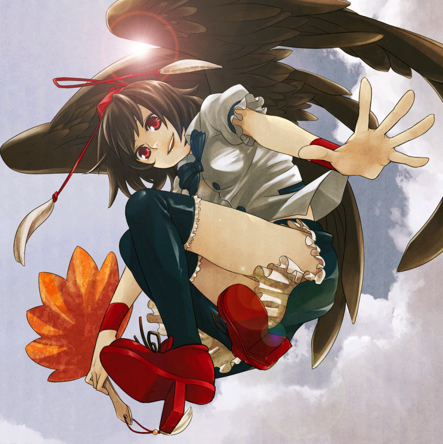 aarue, shameimaru aya, touhou, 1girl, black hair, black wings, female focus, geta, hand fan, hat, lens flare, looking at viewer, open mouth, red eyes, short hair, solo, tengu-geta, thighhighs, tokin hat, wings