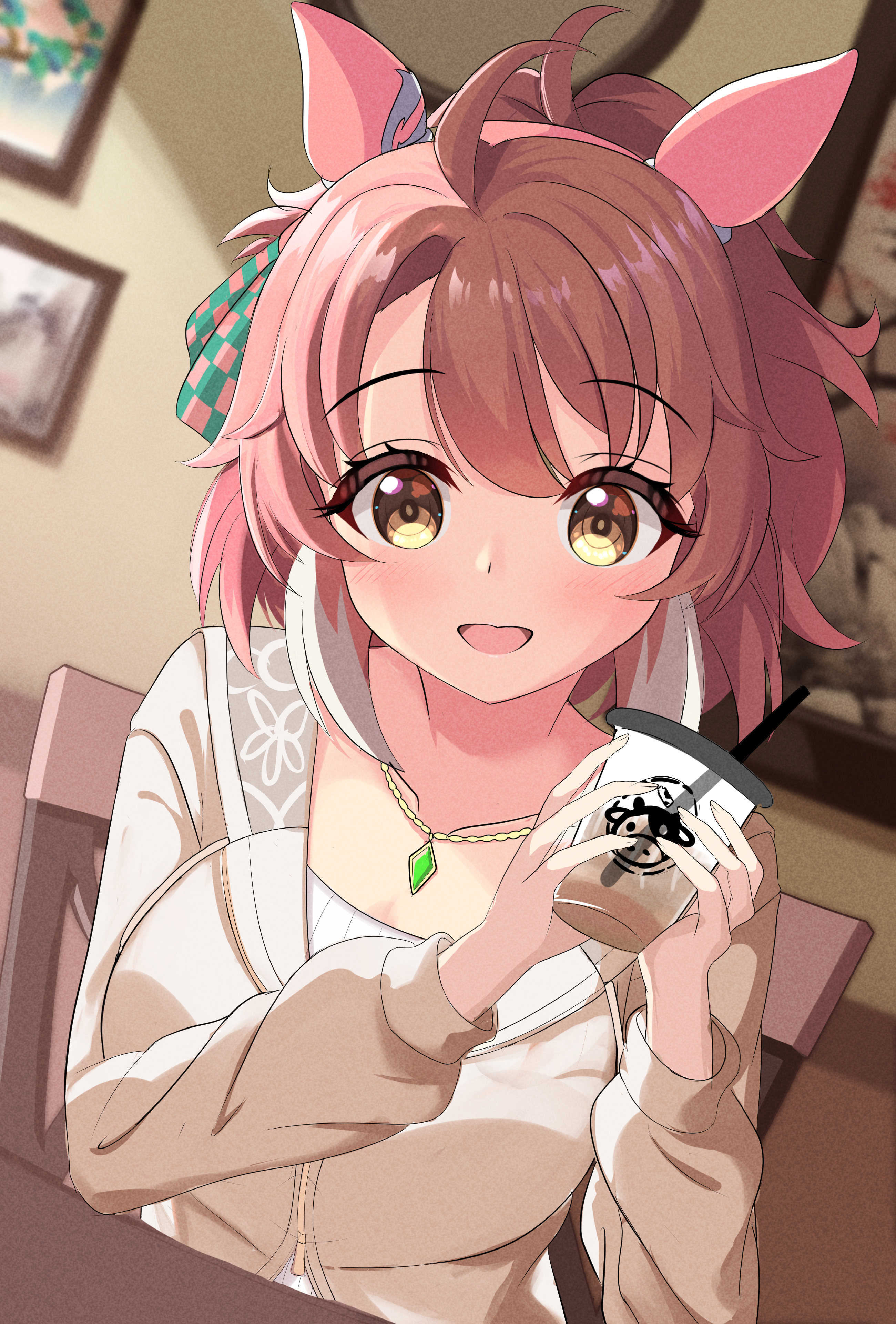 fj hatsu, dantsu flame (casual) (umamusume), dantsu flame (umamusume), umamusume, absurdres, commentary request, highres, 1girl, ahoge, animal ears, blush, breasts, brown eyes, brown hair, cleavage, collarbone, hair between eyes, hair ornament, horse girl, large breasts, looking at viewer, open mouth, pov, sitting, solo, table