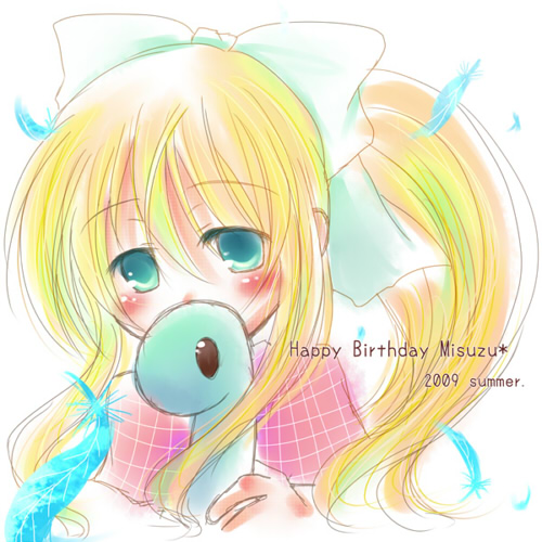 yuzuki (rurirara), kamio misuzu, air (visual novel), key (company), lowres, 00s, birthday, blonde hair, blue eyes, blush, dinosaur, english text, feathers, hair ribbon, ponytail, ribbon, solo