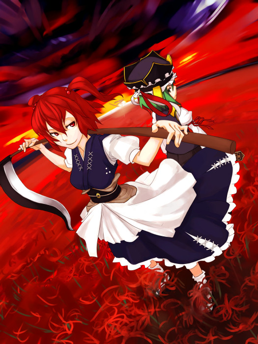 totteri, onozuka komachi, shiki eiki, touhou, 2girls, back-to-back, female focus, flower, full body, green eyes, green hair, hat, multiple girls, outdoors, plant, red eyes, red flower, red hair, scythe, short hair, sky, spider lily, standing, twintails, two side up