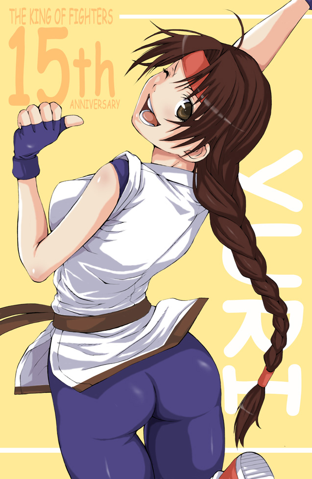 jankey, yuri sakazaki, ryuuko no ken, snk, the king of fighters, 1girl, ass, back, braid, breasts, brown eyes, brown hair, female focus, fingerless gloves, from behind, gloves, happy, headband, latex, long hair, looking at viewer, looking back, medium breasts, one eye closed, shiny clothes, sideboob, skin tight, smile, solo, spandex, thigh gap, thighs, wink
