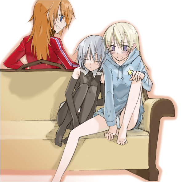muraya yoshihisa, murayoshi, charlotte e. yeager, eila ilmatar juutilainen, sanya v. litvyak, strike witches, world witches series, silver hair, 00s, 3girls, barefoot, black pantyhose, blonde hair, blue eyes, blush, closed eyes, feet, hood, hoodie, long hair, multiple girls, orange hair, panties, pantyhose, short hair, sleeping, underwear