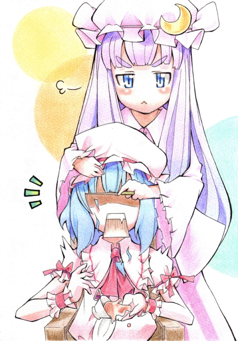 izayoi (artist), patchouli knowledge, remilia scarlet, touhou, bad id, bad pixiv id, 2girls, :<, blue eyes, blue hair, cup, cutting another's hair, cutting hair, female focus, hat, long hair, multiple girls, purple hair, scissors, short hair, tea, teacup, wrist cuffs