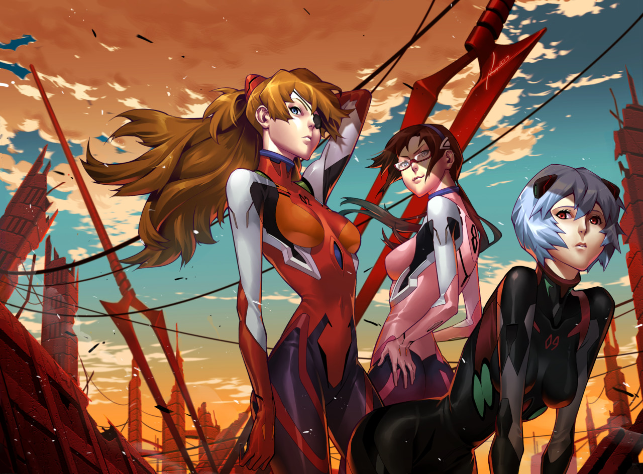 ayanami rei, longinus (phantom of the kill), makinami mari illustrious, souryuu asuka langley, neon genesis evangelion, artist request, 3girls, ass, blue hair, blue sky, bodysuit, breasts, brown hair, building, city, debris, eyepatch, floating hair, glasses, grabbing own ass, gradient sky, hands on own ass, hanging breasts, huge weapon, medium breasts, multiple girls, orange hair, orange sky, polearm, red eyes, serious, sky, smile, spear, sunset, weapon