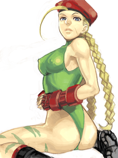 icym, cammy white, capcom, street fighter, bad id, bad pixiv id, 1girl, ahoge, ass, beret, blonde hair, blue eyes, bodypaint, boots, braid, breasts, covered erect nipples, female focus, fingerless gloves, from behind, gloves, hat, huge ahoge, leotard, looking back, medium breasts, panties, scar, solo, thong, thong leotard, twin braids, underwear