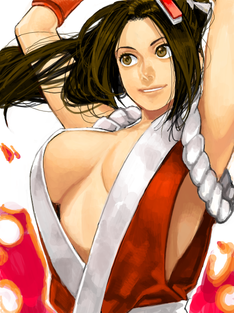 icym, shiranui mai, fatal fury, snk, the king of fighters, bad id, bad pixiv id, 1girl, arms up, breasts, female focus, large breasts, revealing clothes, sideboob, solo