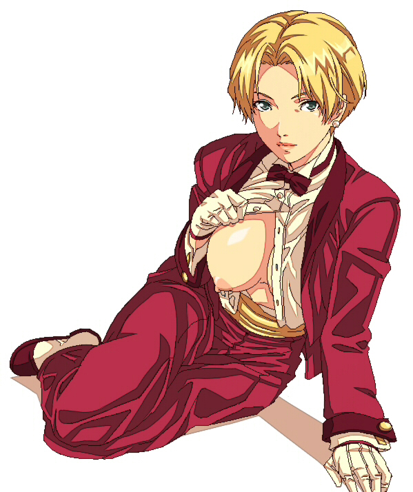 wankoro mochi, king (snk), ryuuko no ken, snk, the king of fighters, md5 mismatch, resolution mismatch, source smaller, 1girl, blonde hair, bow, bowtie, breasts, crossdressing, crossdressing (ftm), female focus, gloves, large breasts, no bra, open clothes, open shirt, shirt, short hair, simple background, solo, tuxedo