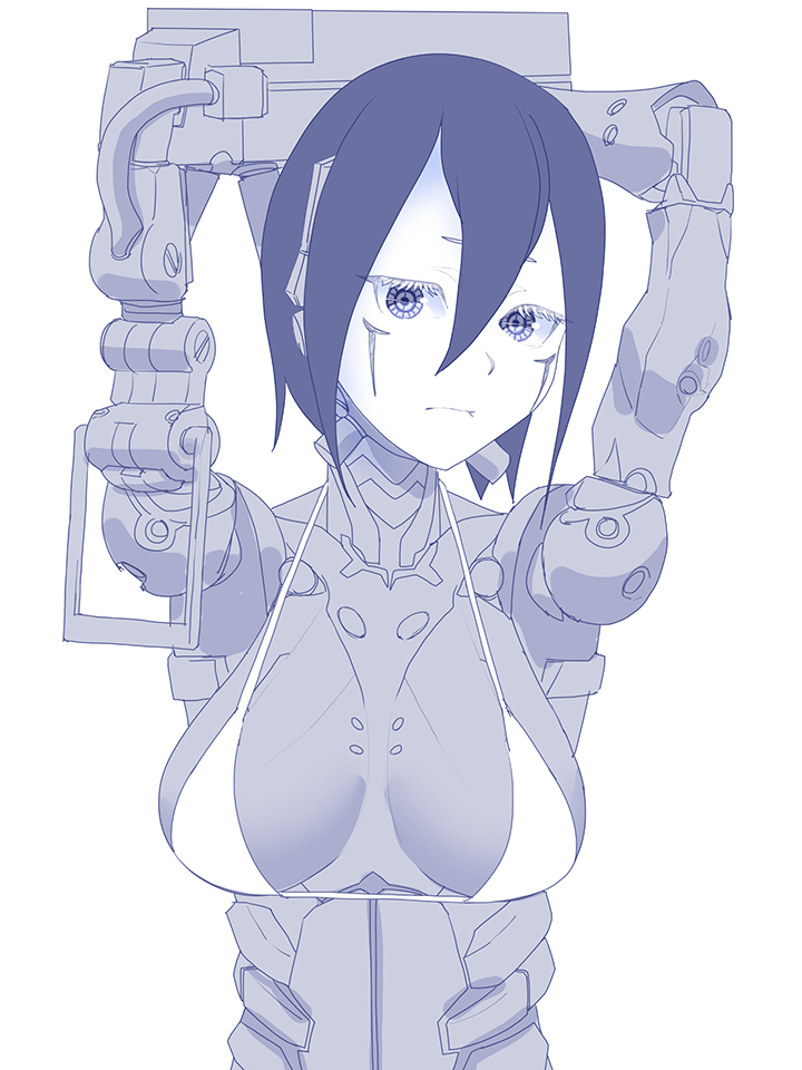 sanakan, blame!, 1girl, android, arms up, bikini, breasts, closed mouth, cyberpunk, facial mark, greyscale, joints, large breasts, looking at viewer, monochrome, pale skin, robot joints, simple background, solo, swimsuit, symbol in eye, white background, yoshino (yoshinono!)