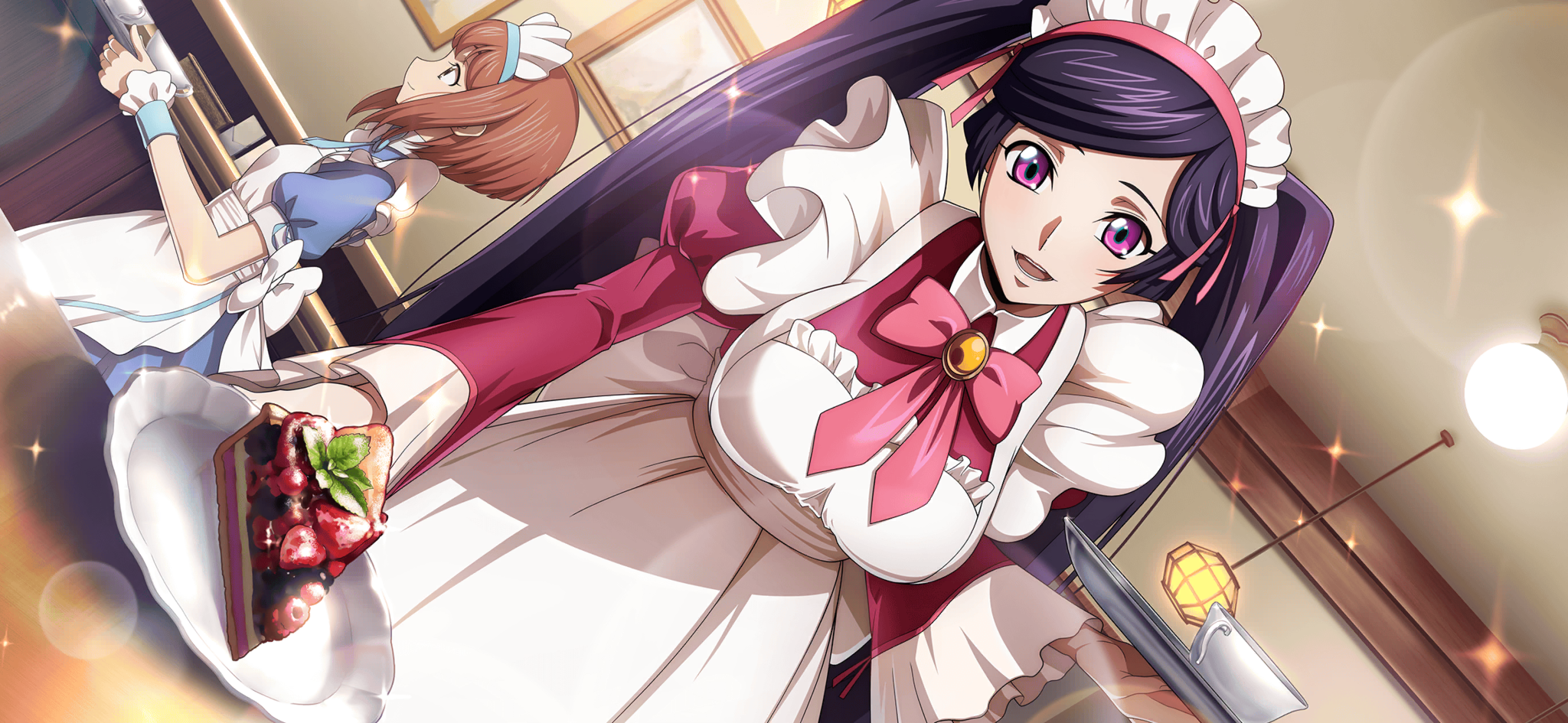 f4samurai, sumeragi sakuya, code geass, code geass: dakkan no roze, code geass: lost stories, game cg, highres, official art, 2girls, alternate costume, apron, black hair, blue dress, breasts, brown hair, dress, enmaided, frilled apron, frills, green eyes, large breasts, long hair, maid, maid apron, maid headdress, mei ema, multiple girls, open mouth, pink dress, pink eyes, short hair, smile, teeth, twintails, white apron