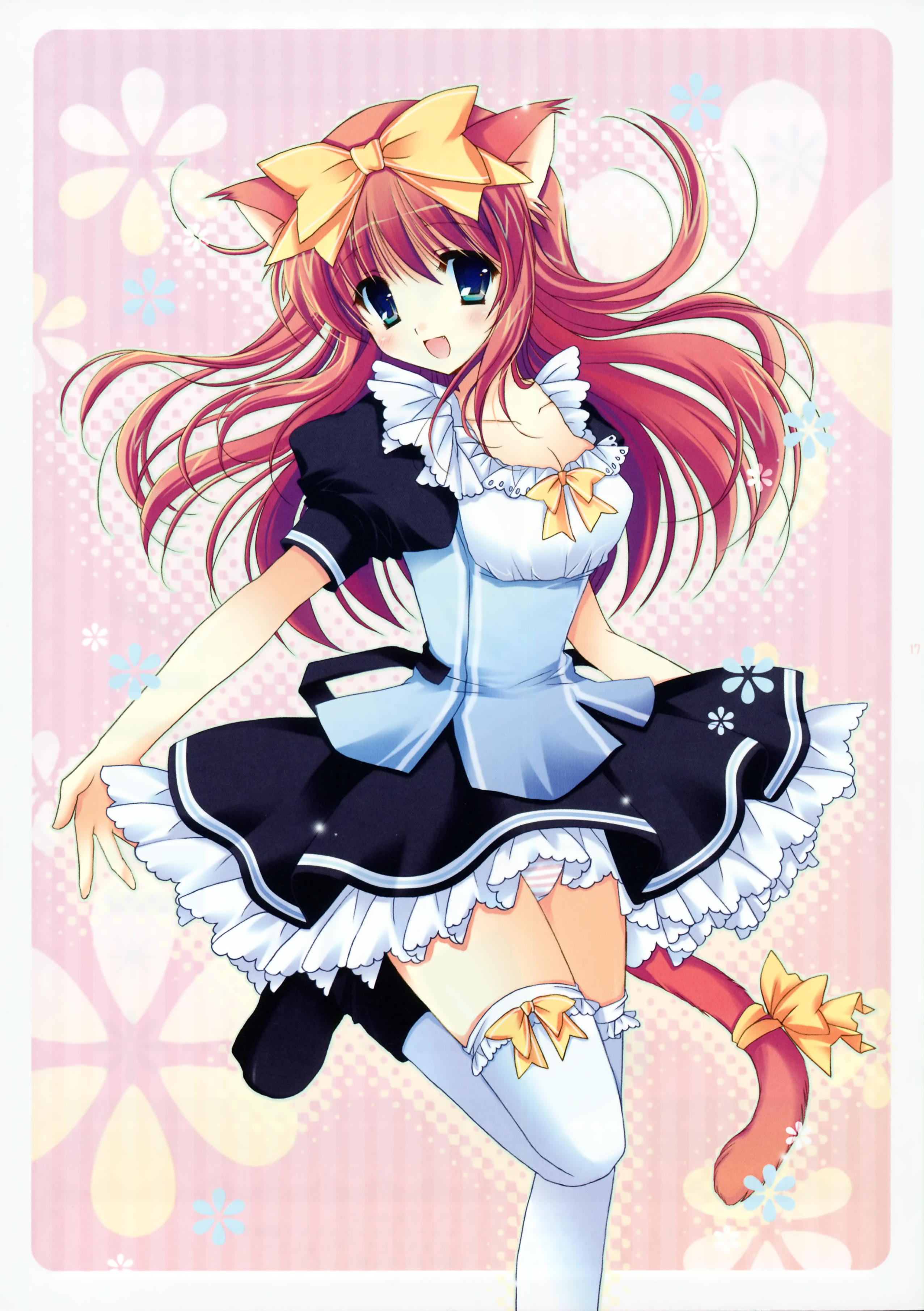 hasekura chiaki, absurdres, highres, animal ears, blue eyes, bow, hair bow, panties, red hair, solo, striped clothes, striped panties, tail, thighhighs, underwear, waitress