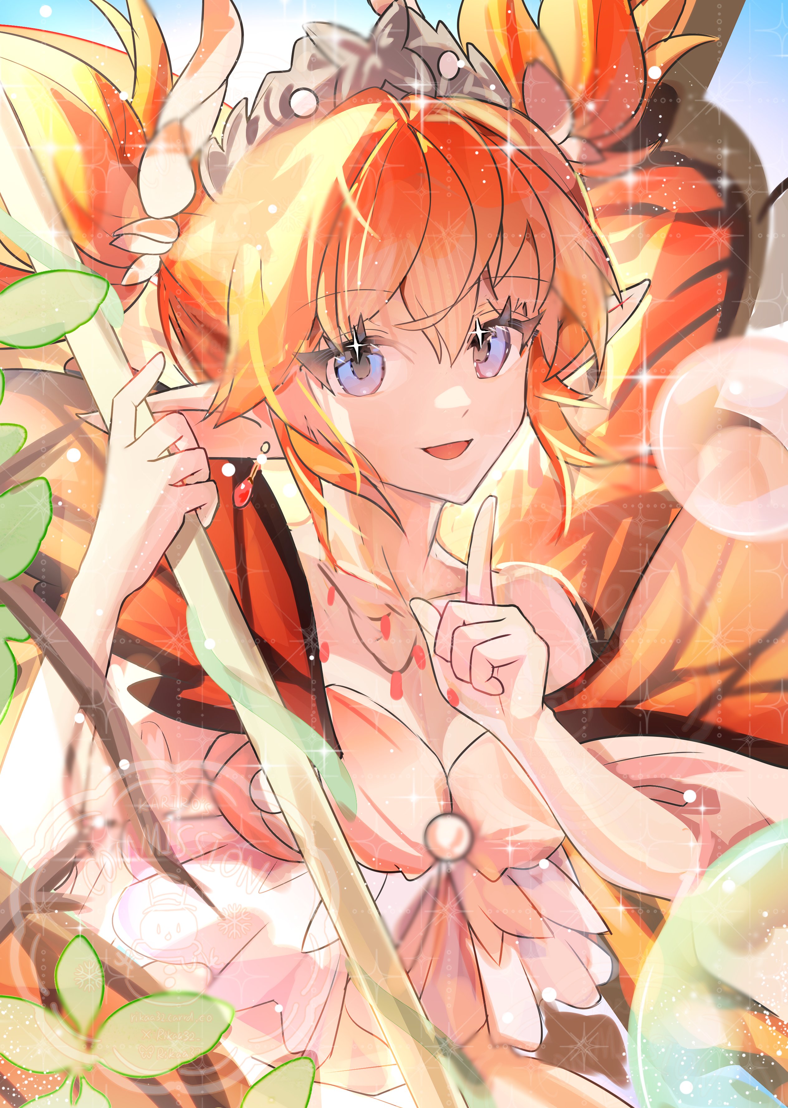 kazekokakuii, feo ul, titania (final fantasy), final fantasy, final fantasy xiv, absurdres, commentary, commission, english commentary, highres, 1other, :d, blue eyes, butterfly wings, earrings, fairy, holding, holding staff, insect wings, jewelry, looking at viewer, open mouth, orange hair, other focus, pointy ears, short twintails, smile, solo, staff, tiara, twintails, upper body, watermark, wings
