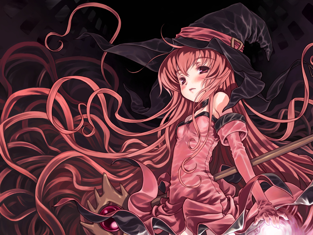 focke wulf, cierra (riviera), riviera, 1girl, bare shoulders, blush, choker, dress, elbow gloves, female focus, flat chest, gloves, glowing, hat, long hair, magic, pink eyes, red eyes, red hair, solo, staff, very long hair, witch, witch hat