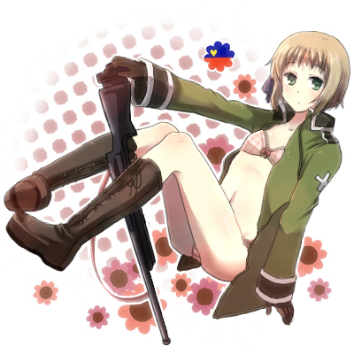 beroperone, liechtenstein (hetalia), axis powers hetalia, bad id, bad pixiv id, lowres, 00s, 1girl, blonde hair, boots, bra, checkered bra, checkered clothes, female focus, gloves, green eyes, gun, hair ribbon, jacket, laces, lingerie, long sleeves, no pants, open clothes, open jacket, panties, ribbon, rifle, short hair, solo, underwear, weapon