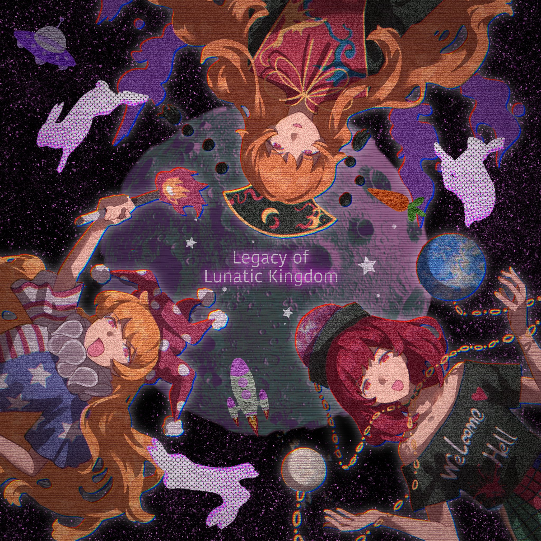 tansuyuli, clownpiece, hecatia lapislazuli, junko (touhou), legacy of lunatic kingdom, touhou, commentary, highres, symbol-only commentary, variant set, 3girls, american flag, american flag print, animal, arm up, bare arms, black dress, black hat, black shirt, blue jumpsuit, chain, clothes writing, collarbone, copyright name, crescent print, dalachi (headdress), dot nose, dress, earth (ornament), eyelashes, fire, flag print, floating hair, floral print, gold chain, hand on own hip, happy, hat, heart, heart print, holding, holding torch, jester cap, jumpsuit, long hair, looking at viewer, medium hair, moon, moon (ornament), multicolored jumpsuit, multiple girls, neck ribbon, neck ruff, off-shoulder shirt, off shoulder, open mouth, orange hair, pink eyes, pleated sleeves, polka dot headwear, pom pom (clothes), print headwear, print jumpsuit, print shirt, print tabard, purple hat, purple wings, rabbit, red eyes, red hair, red jumpsuit, red tabard, ribbon, rocket, shirt, short sleeves, smile, space, split-color clothes, star (symbol), star print, striped jumpsuit, t-shirt, tabard, torch, underworld (ornament), upper body, upside-down, very long hair, wavy hair, white jumpsuit, wings, yellow ribbon