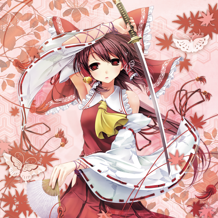 scarlet (studioscr), hakurei reimu, touhou, bad id, bad pixiv id, 1girl, armpits, bare shoulders, bow, brown hair, detached sleeves, female focus, folding fan, hand fan, japanese clothes, katana, long hair, miko, red eyes, solo, sword, weapon